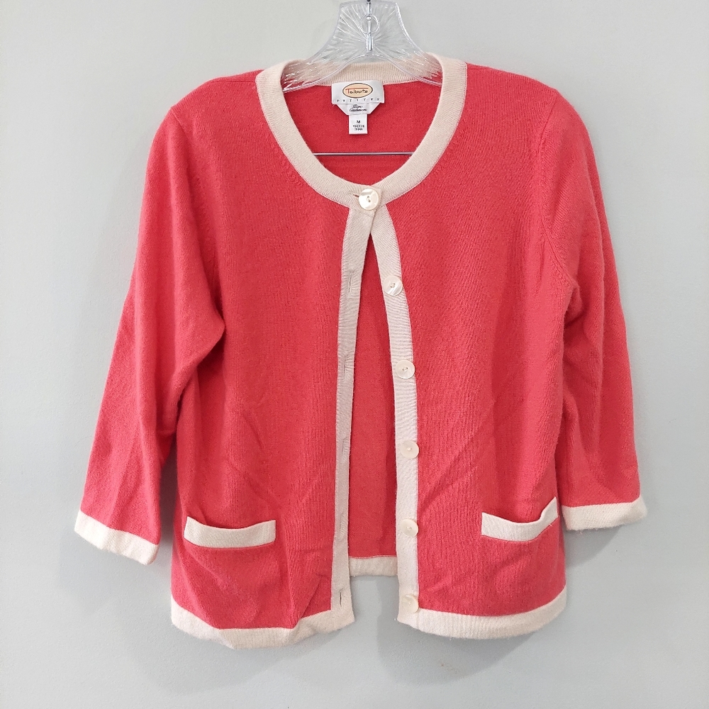 Talbots Vintage Pure Cashmere Cardigan Petite Medium Orange/Pink with cream Trim